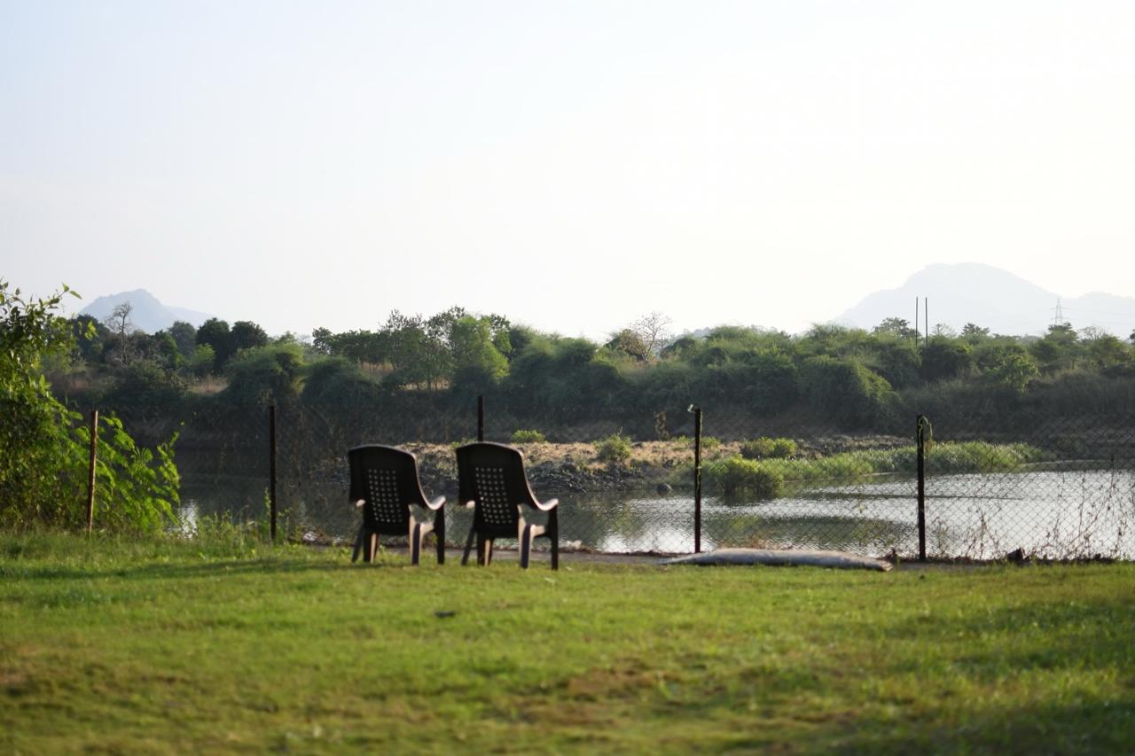 Lush green riverfront lawn with comfortable chairs by the Vaitarna River