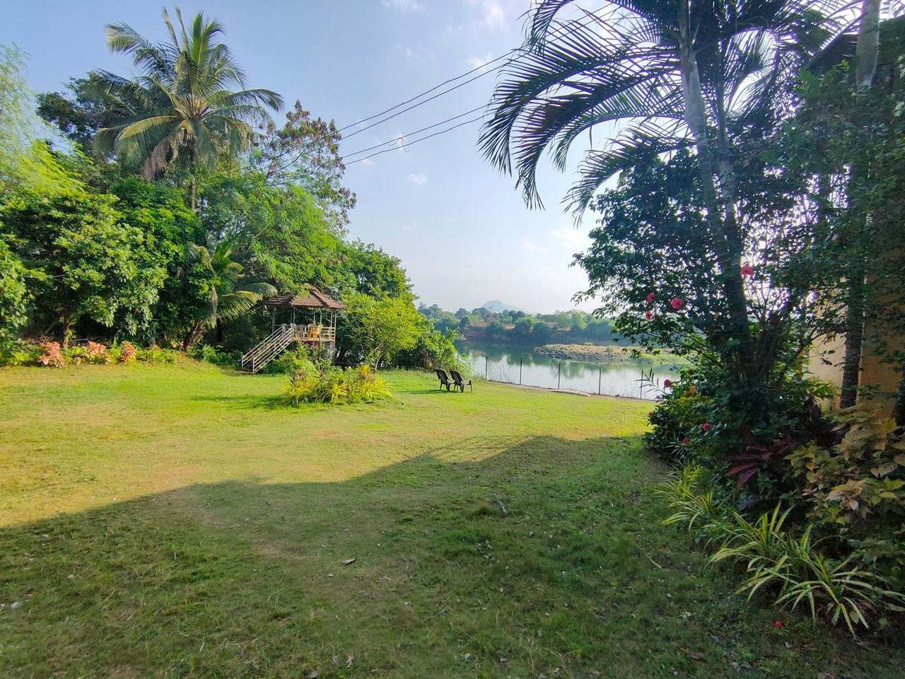 Open grassy meadow lawn bordered by trees overlooking the calm waters